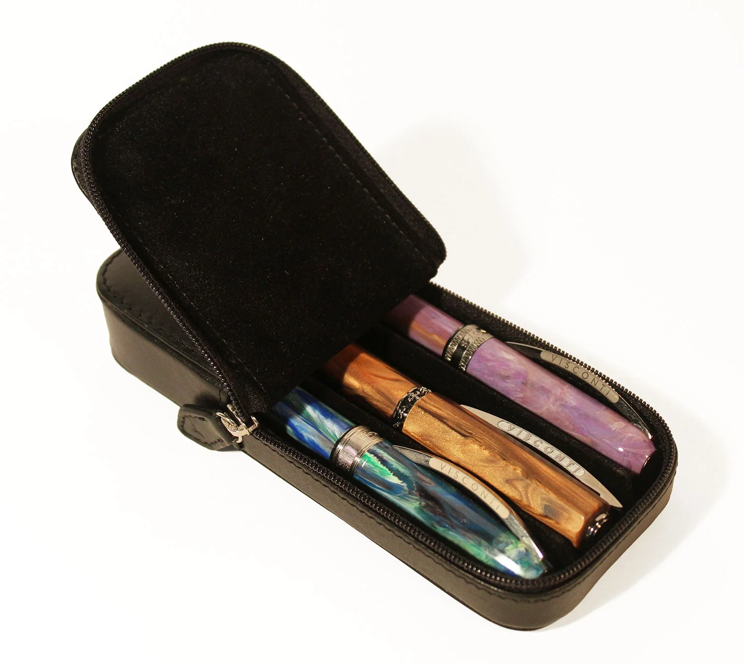 Visconti pen case for 3 pens, black leather - Image 3